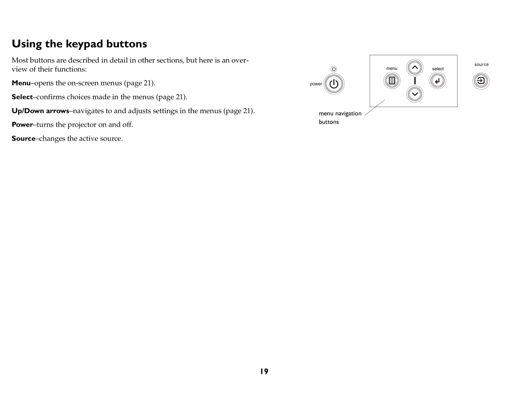 InFocus IN74, P720, P760, P740, IN76, IN72 manual Using the keypad buttons 