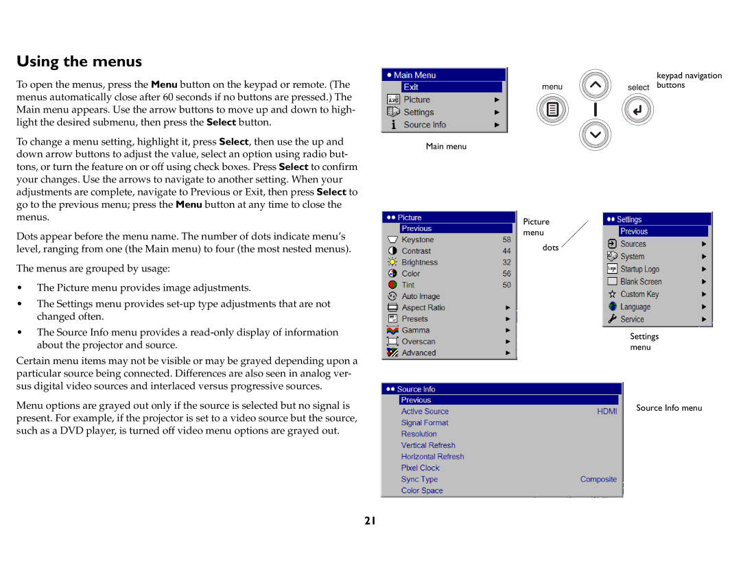 InFocus P720, P760, P740, IN76, IN74, IN72 manual Using the menus 