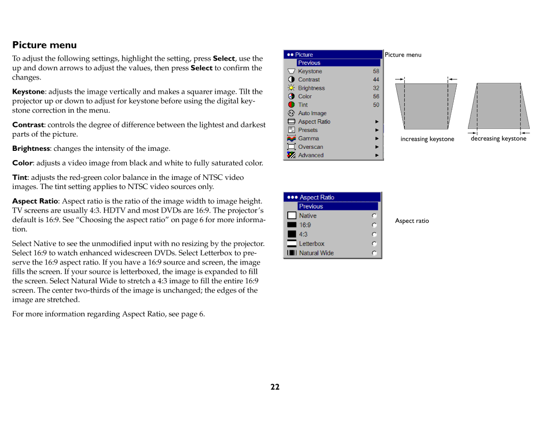 InFocus P760, P720, P740, IN76, IN74, IN72 manual Picture menu 