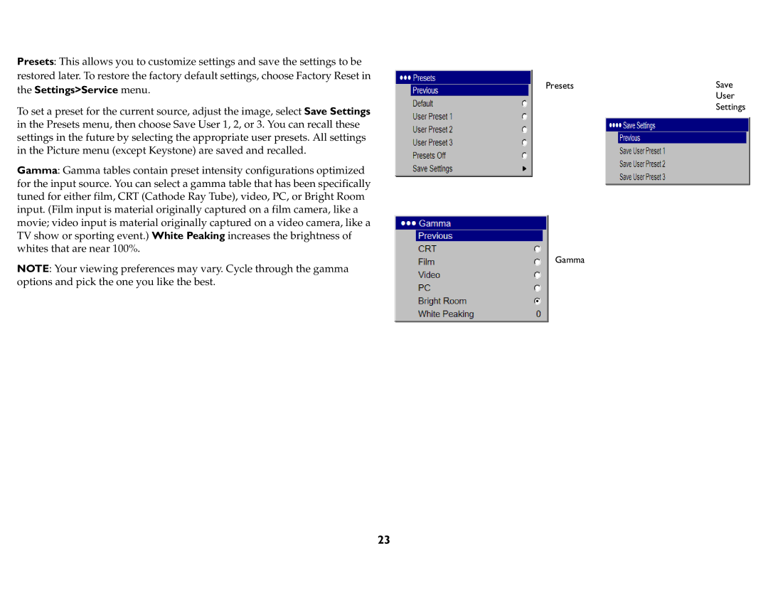 InFocus P740, P720, P760, IN76, IN74, IN72 manual Presets Save User 