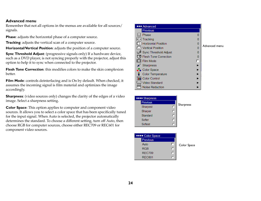 InFocus IN76, P720, P760, P740, IN74, IN72 manual Advanced menu 