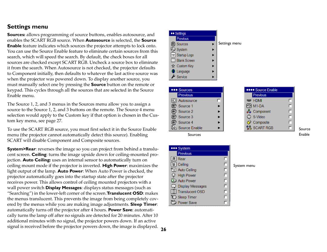 InFocus IN72, P720, P760, P740, IN76, IN74 manual Settings menu 