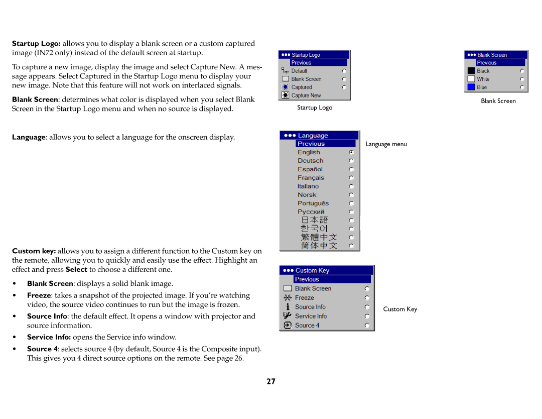 InFocus P720, P760, P740, IN76, IN74, IN72 manual Startup Logo Language menu Custom Key Blank Screen 