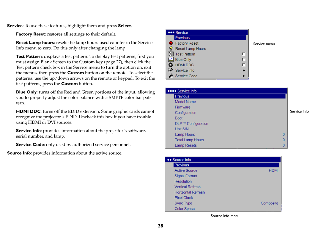 InFocus P760, P720, P740, IN76, IN74, IN72 manual Service menu Service Info Source Info menu 