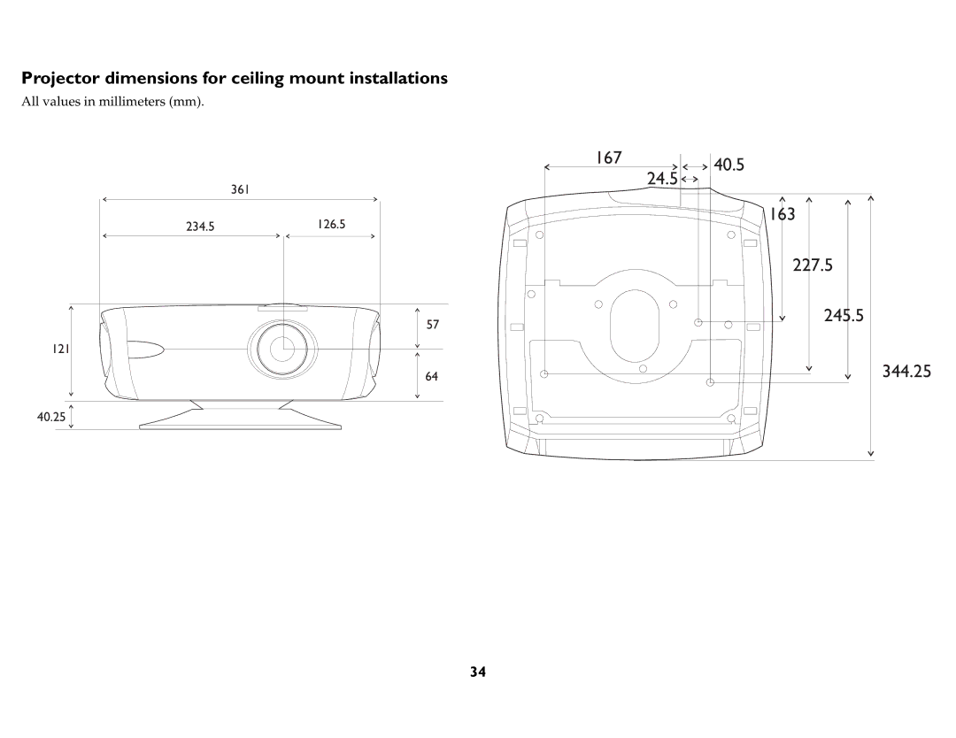 InFocus P760, P720, P740, IN76, IN74, IN72 manual Projector dimensions for ceiling mount installations 