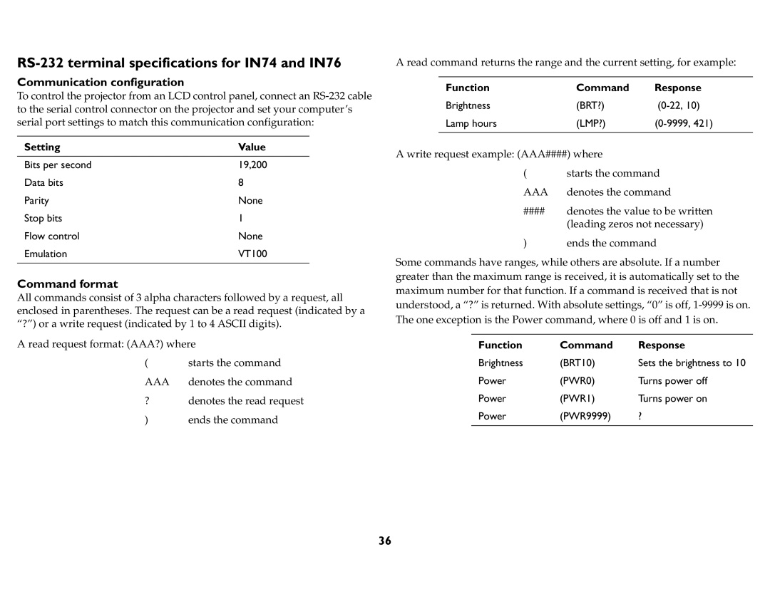 InFocus P720, P760, P740 RS-232 terminal specifications for IN74 and IN76, Communication configuration, Command format 