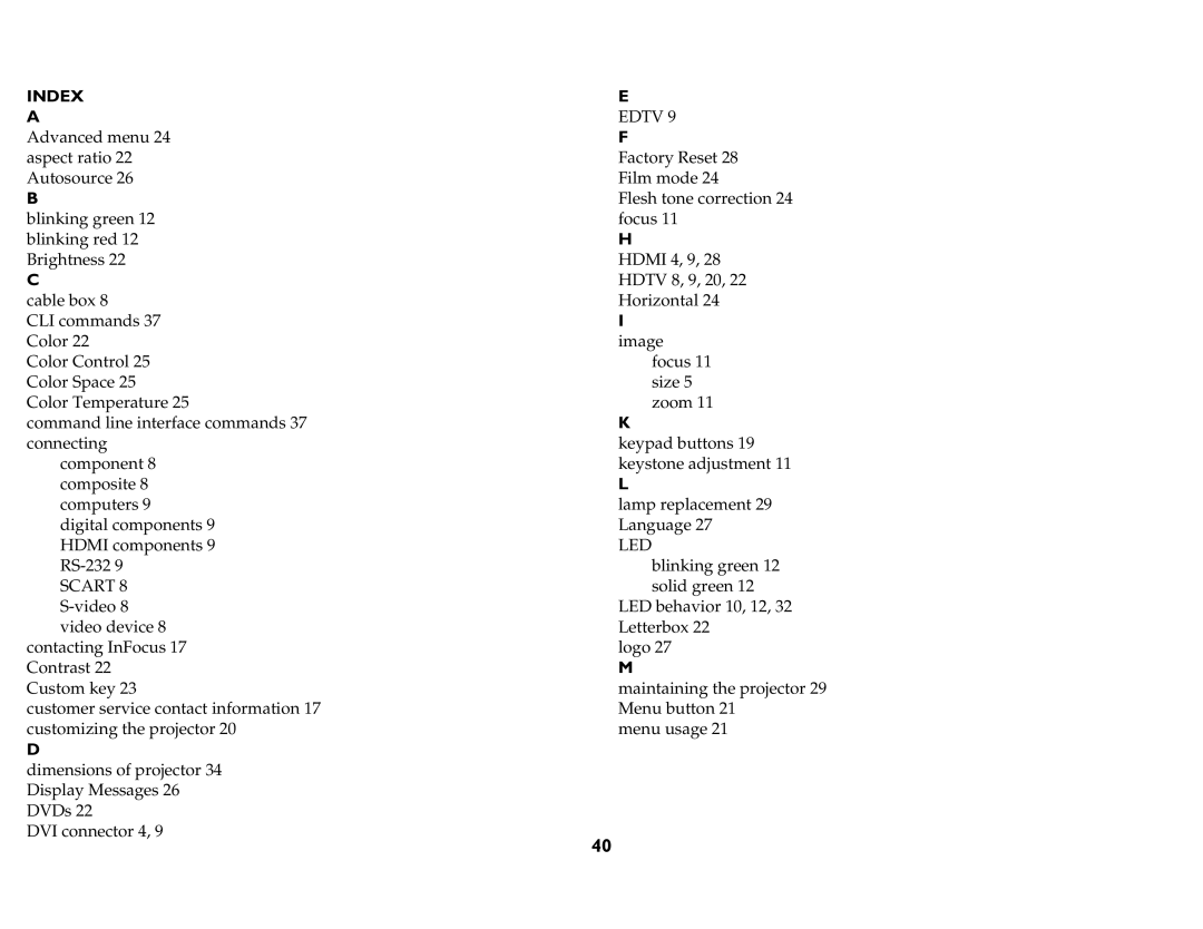 InFocus P760, P720, P740, IN76, IN74, IN72 manual Index 