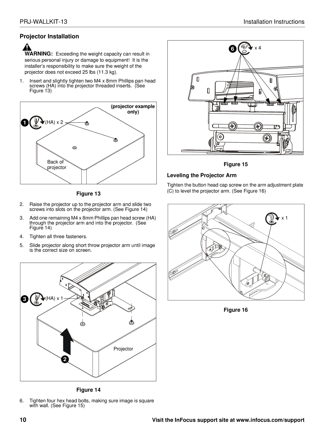 InFocus PRJ-WALLKIT-13 installation instructions Projector Installation, Leveling the Projector Arm 