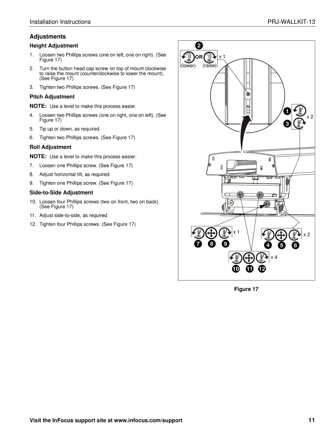 InFocus PRJ-WALLKIT-13 Adjustments, Height Adjustment, Pitch Adjustment, Roll Adjustment, Side-to-Side Adjustment 