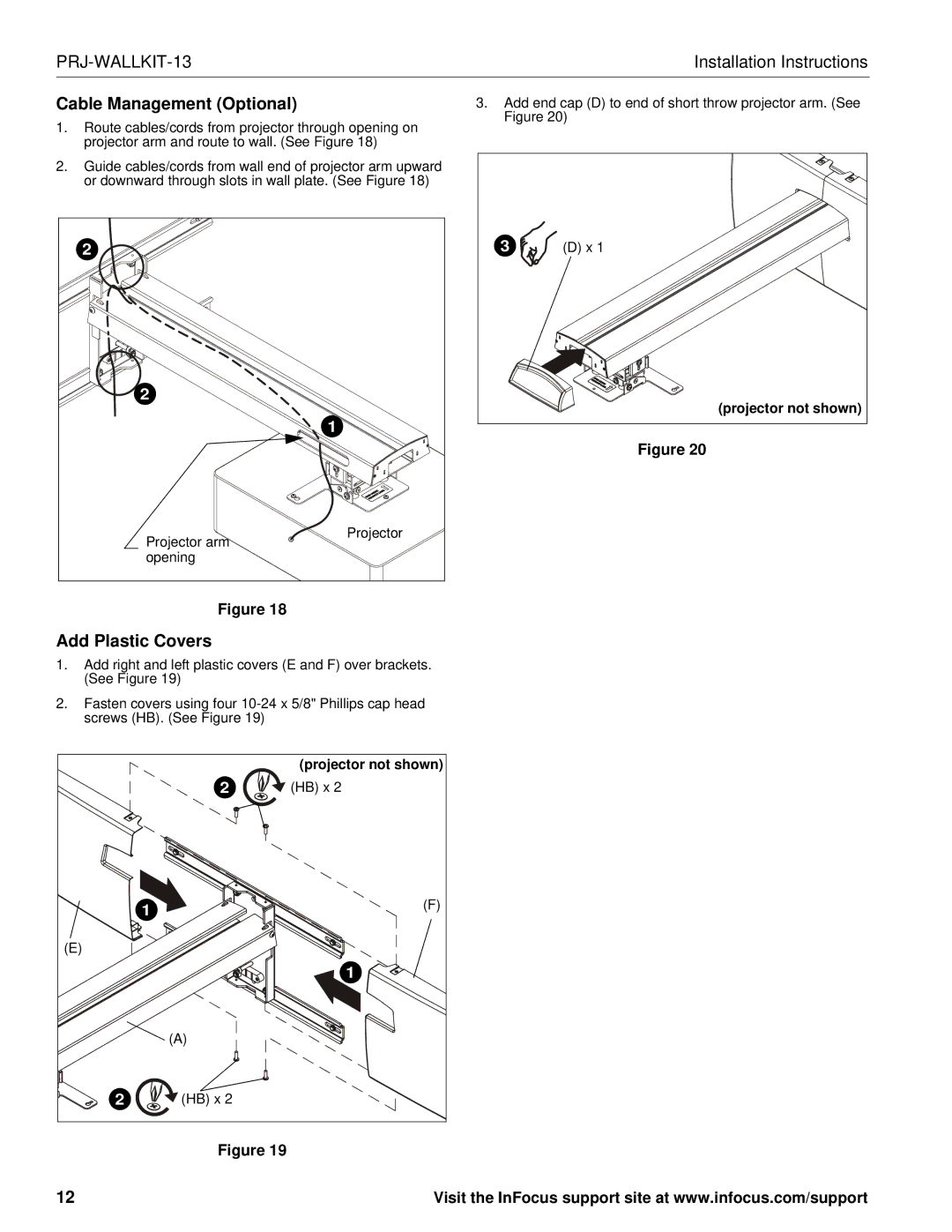 InFocus PRJ-WALLKIT-13 installation instructions Cable Management Optional, Add Plastic Covers 