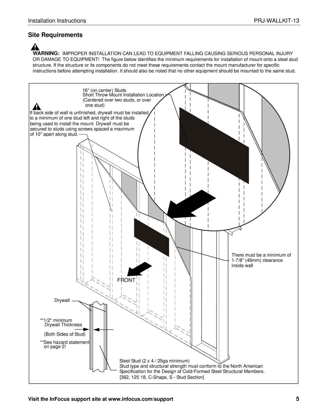 InFocus PRJ-WALLKIT-13 installation instructions Site Requirements 