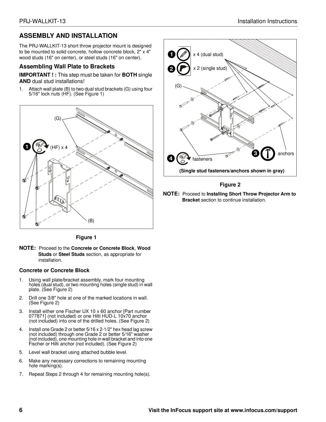 InFocus PRJ-WALLKIT-13 installation instructions Assembling Wall Plate to Brackets, Concrete or Concrete Block 