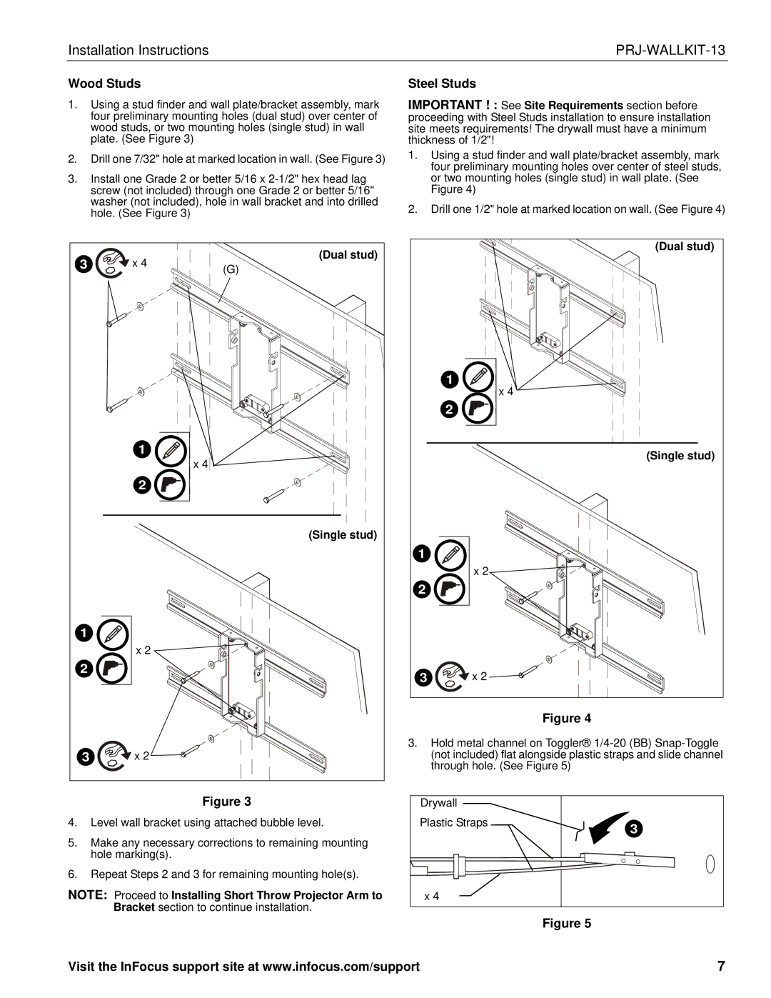 InFocus PRJ-WALLKIT-13 installation instructions Wood Studs, Steel Studs 