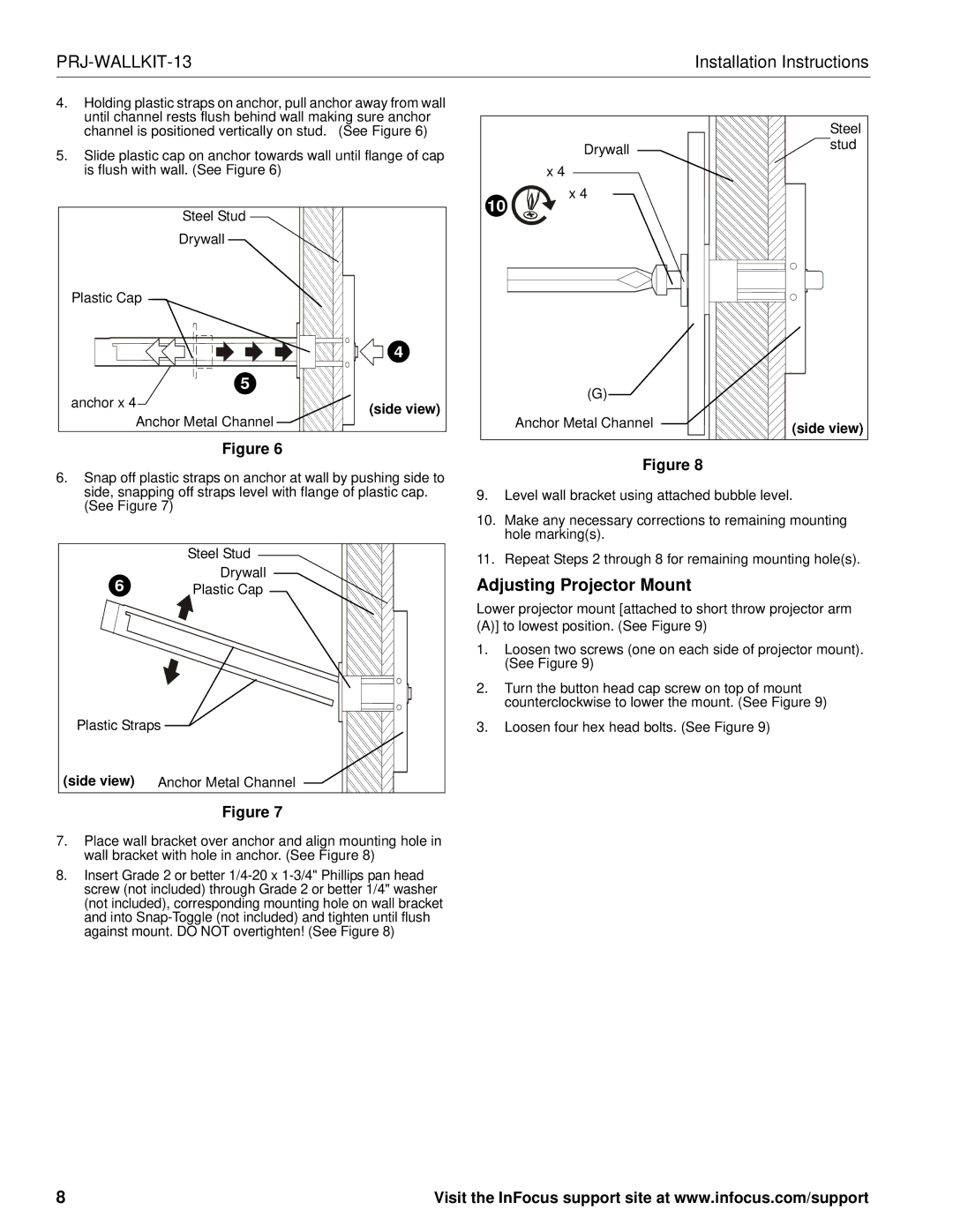 InFocus PRJ-WALLKIT-13 installation instructions Adjusting Projector Mount 