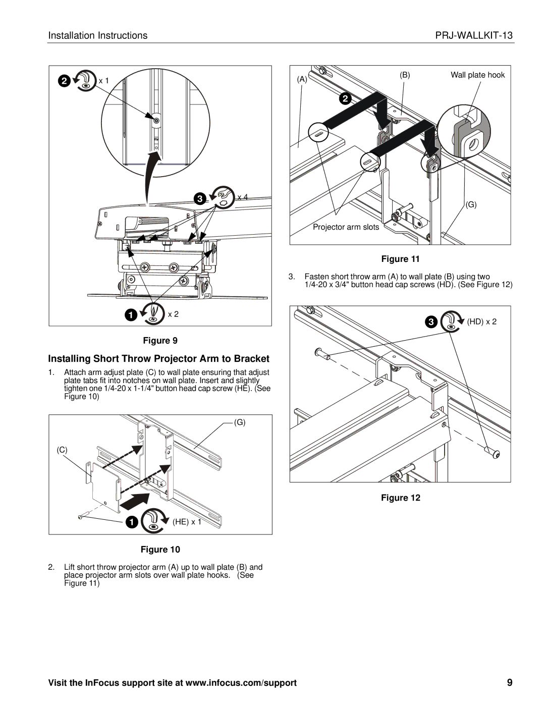 InFocus PRJ-WALLKIT-13 installation instructions Installing Short Throw Projector Arm to Bracket 