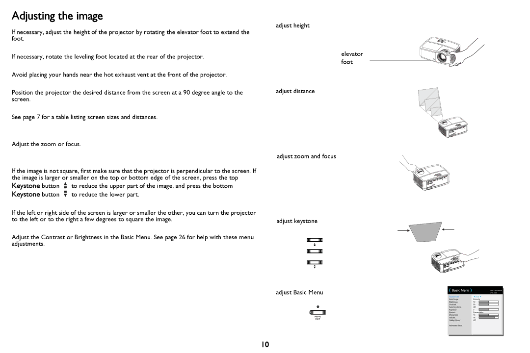 InFocus PZ339-A000-00 manual Adjusting the image, Basic Menu 