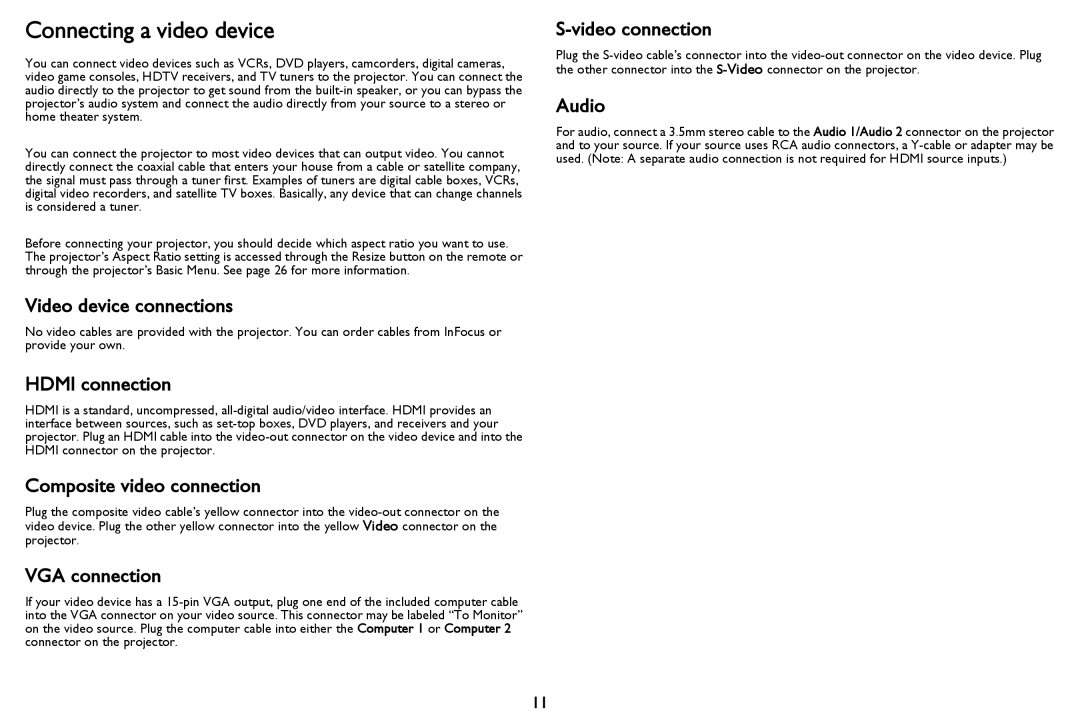 InFocus PZ339-A000-00 Connecting a video device, Video device connections, Composite video connection, Video connection 