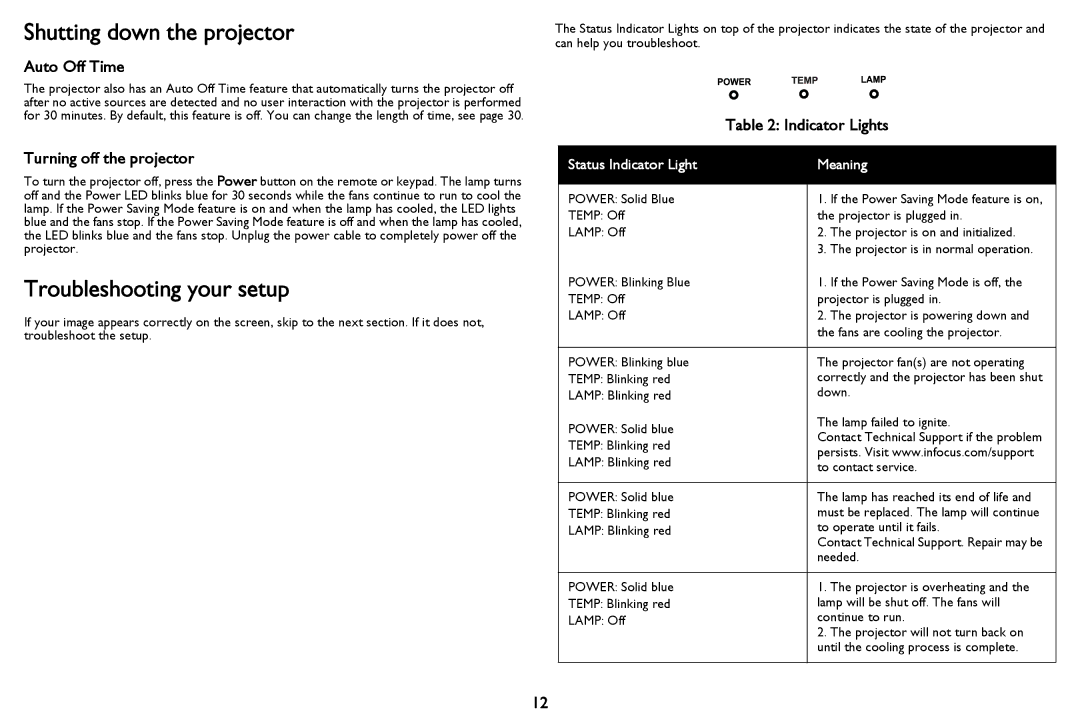 InFocus PZ339-A000-00 Shutting down the projector, Troubleshooting your setup, Auto Off Time, Turning off the projector 