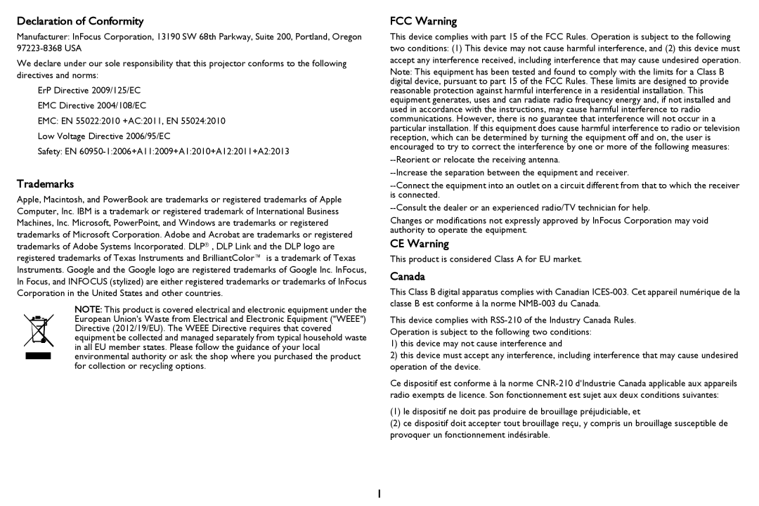 InFocus PZ339-A000-00 manual Declaration of Conformity, Trademarks, FCC Warning, CE Warning, Canada 