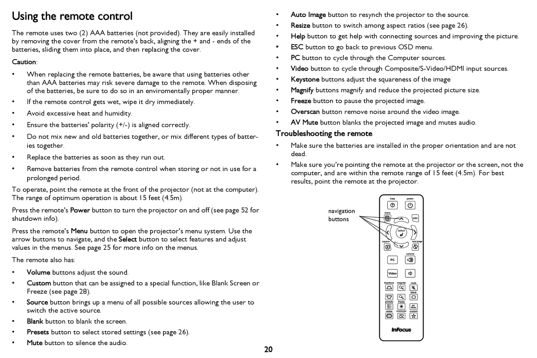 InFocus PZ339-A000-00 manual Using the remote control, Troubleshooting the remote 