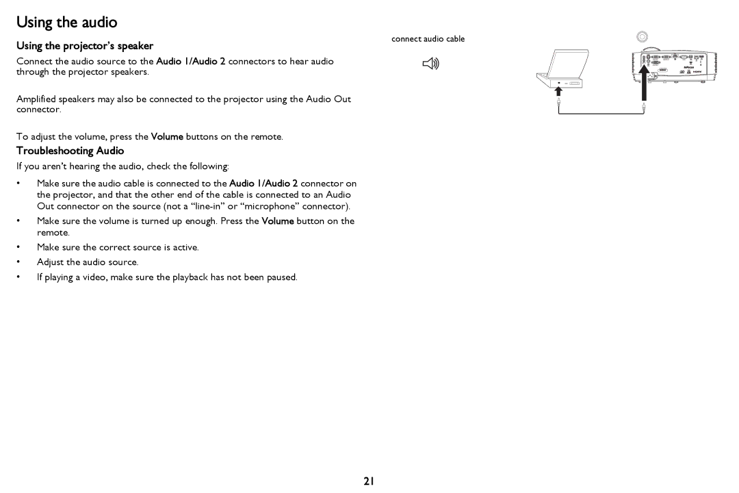 InFocus PZ339-A000-00 manual Using the audio, Using the projector’s speaker, Troubleshooting Audio 