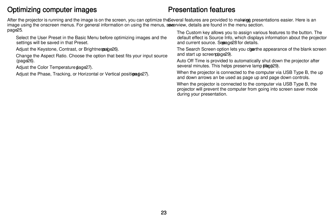 InFocus PZ339-A000-00 manual Optimizing computer images, Presentation features 