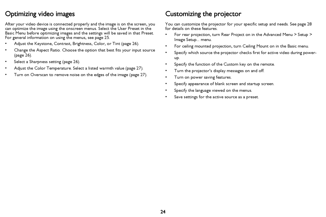 InFocus PZ339-A000-00 manual Optimizing video images, Customizing the projector 