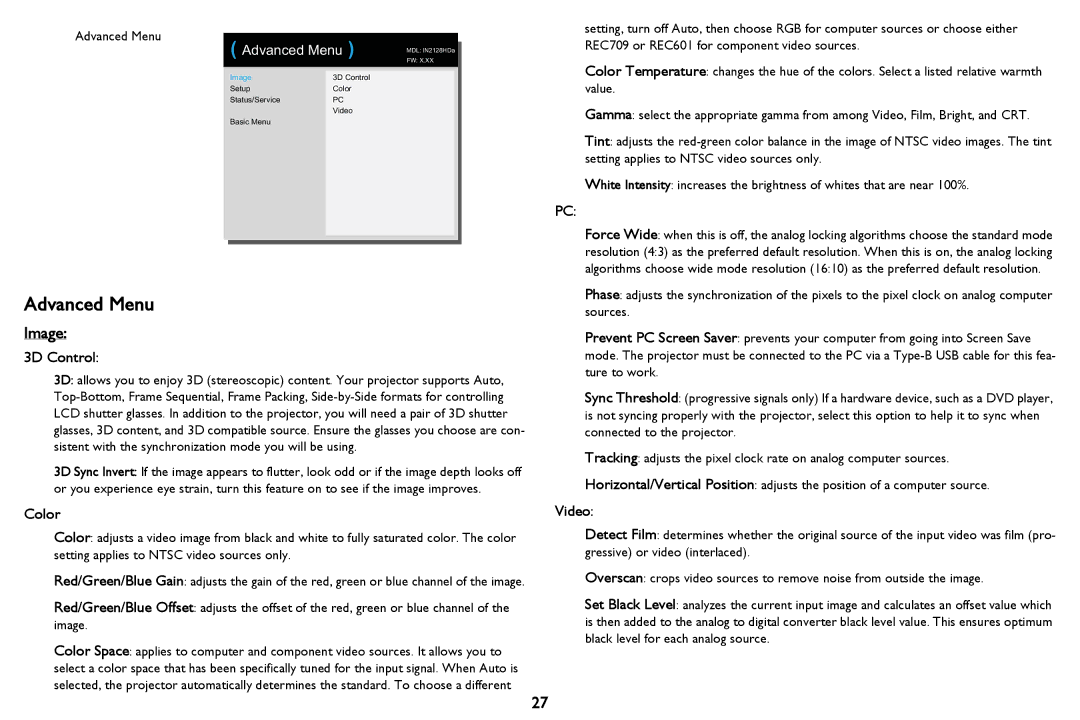 InFocus PZ339-A000-00 manual Advanced Menu, Image, 3D Control, Color, Video 