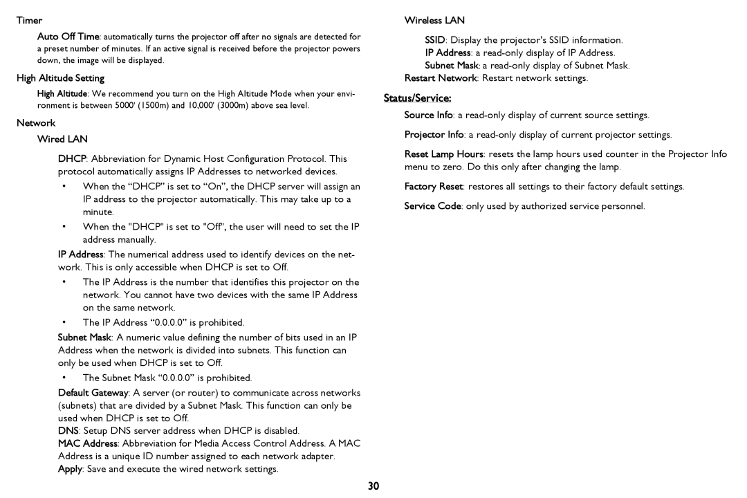 InFocus PZ339-A000-00 manual Status/Service, Timer, High Altitude Setting, Network Wired LAN, Wireless LAN 