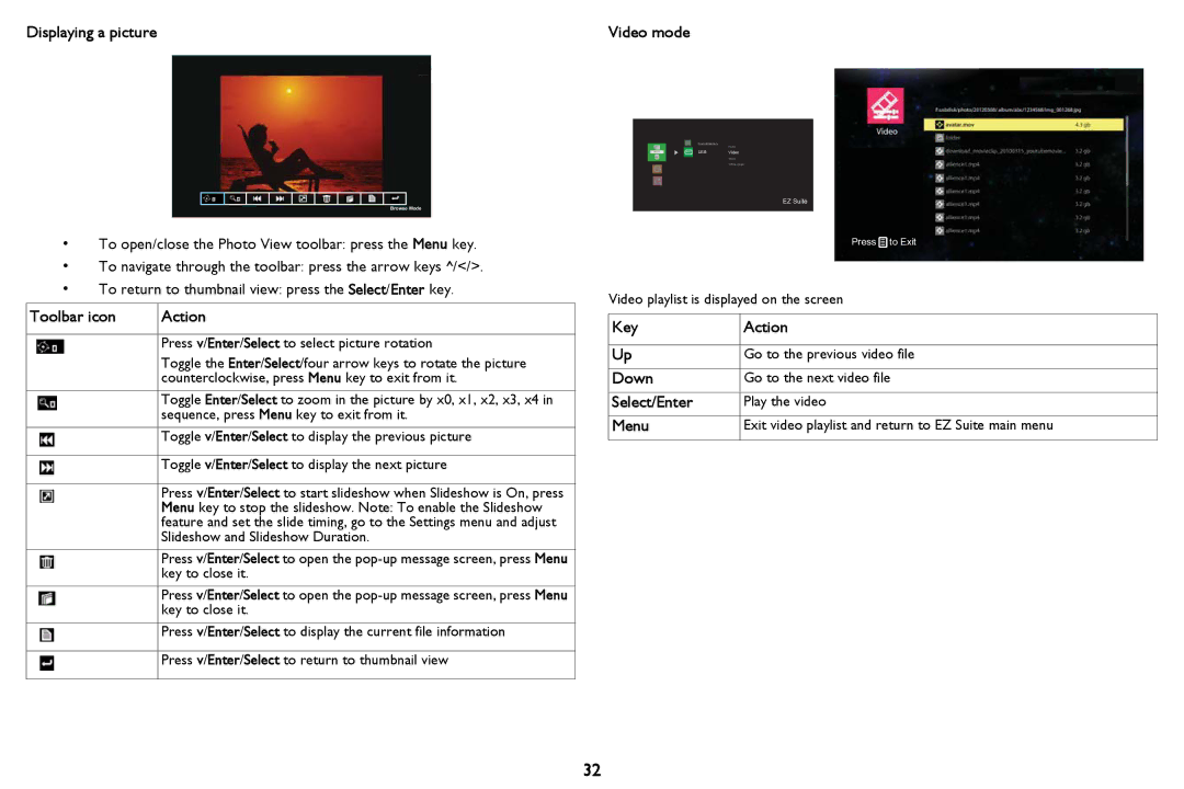 InFocus PZ339-A000-00 manual Displaying a picture, Toolbar icon Action, Key Action 