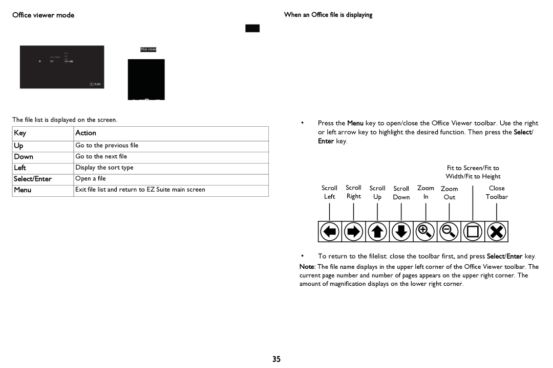 InFocus PZ339-A000-00 manual Office viewer mode, Exit file list and return to EZ Suite main screen 