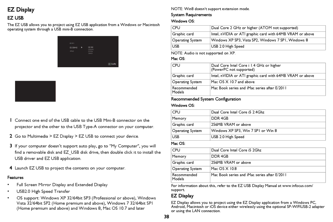 InFocus PZ339-A000-00 manual EZ Display, Features, System Requirements, Recommended System Configuration 