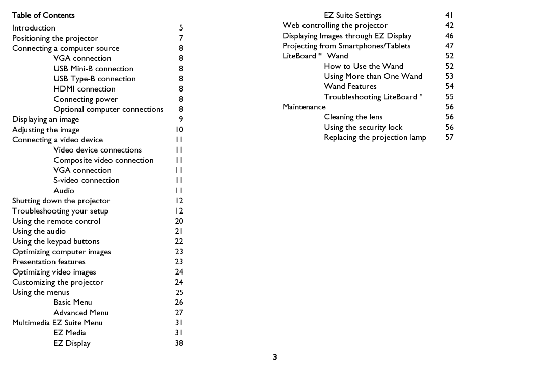 InFocus PZ339-A000-00 manual Table of Contents 