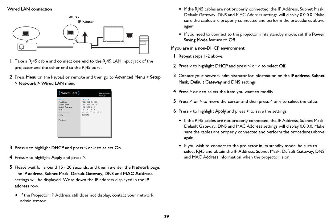 InFocus PZ339-A000-00 manual Wired LAN connection, If you are in a non-DHCP environment 