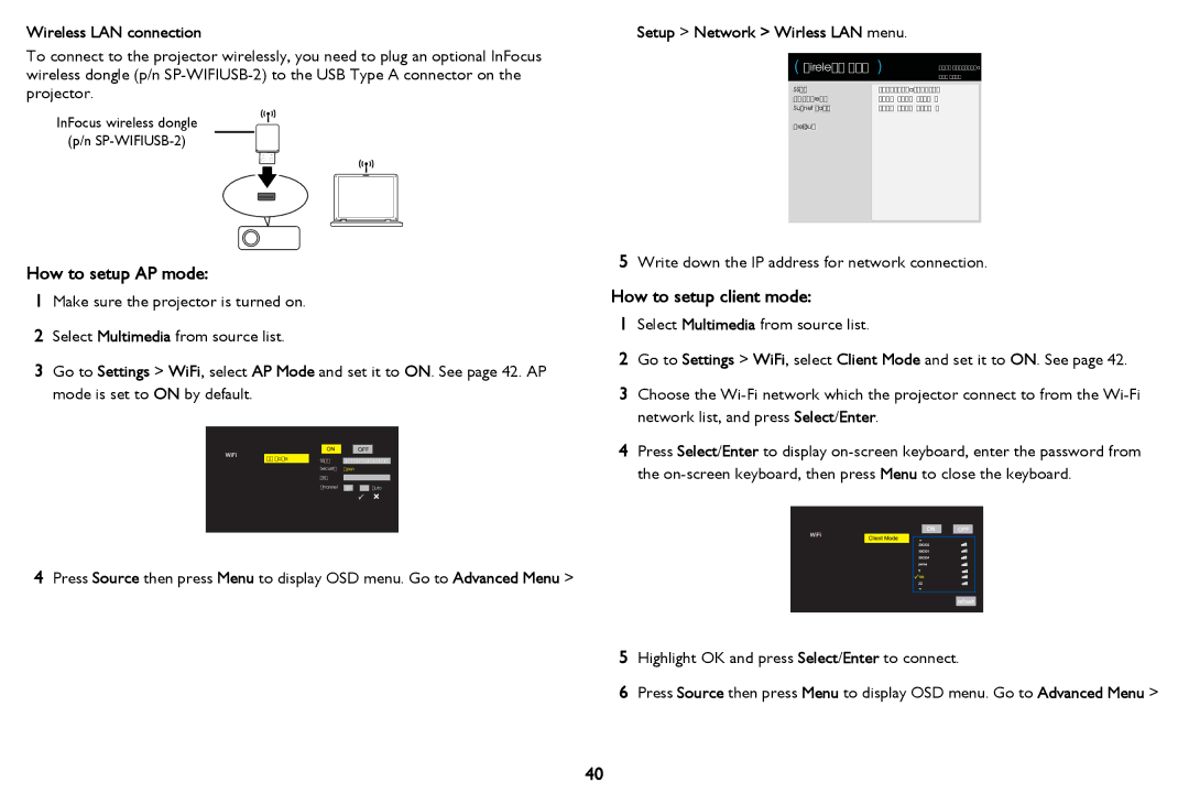 InFocus PZ339-A000-00 manual How to setup AP mode, How to setup client mode, Wireless LAN connection 