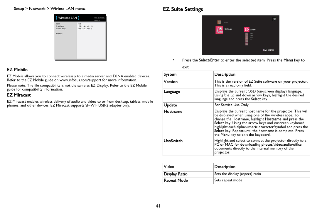 InFocus PZ339-A000-00 manual EZ Suite Settings, EZ Mobile, EZ Miracast 