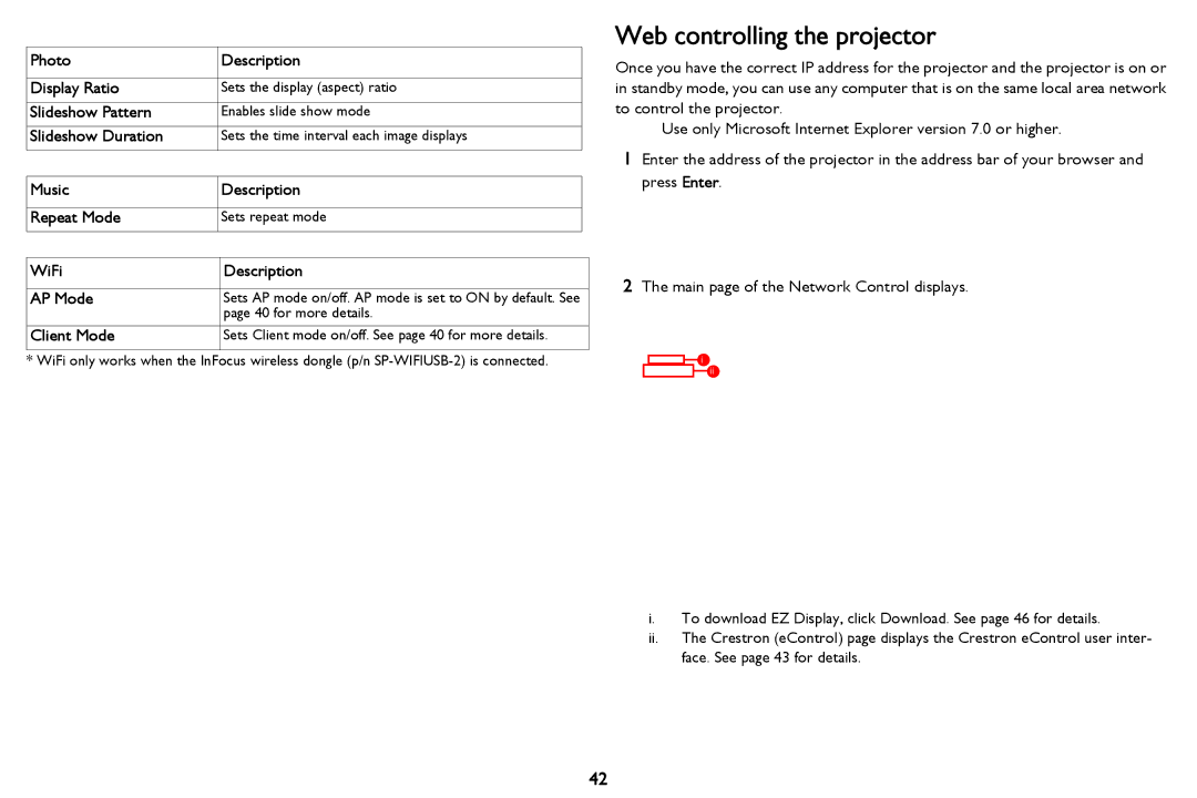 InFocus PZ339-A000-00 manual Web controlling the projector 