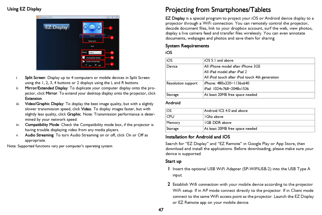 InFocus PZ339-A000-00 manual Projecting from Smartphones/Tablets, Using EZ Display, System Requirements, Start up 