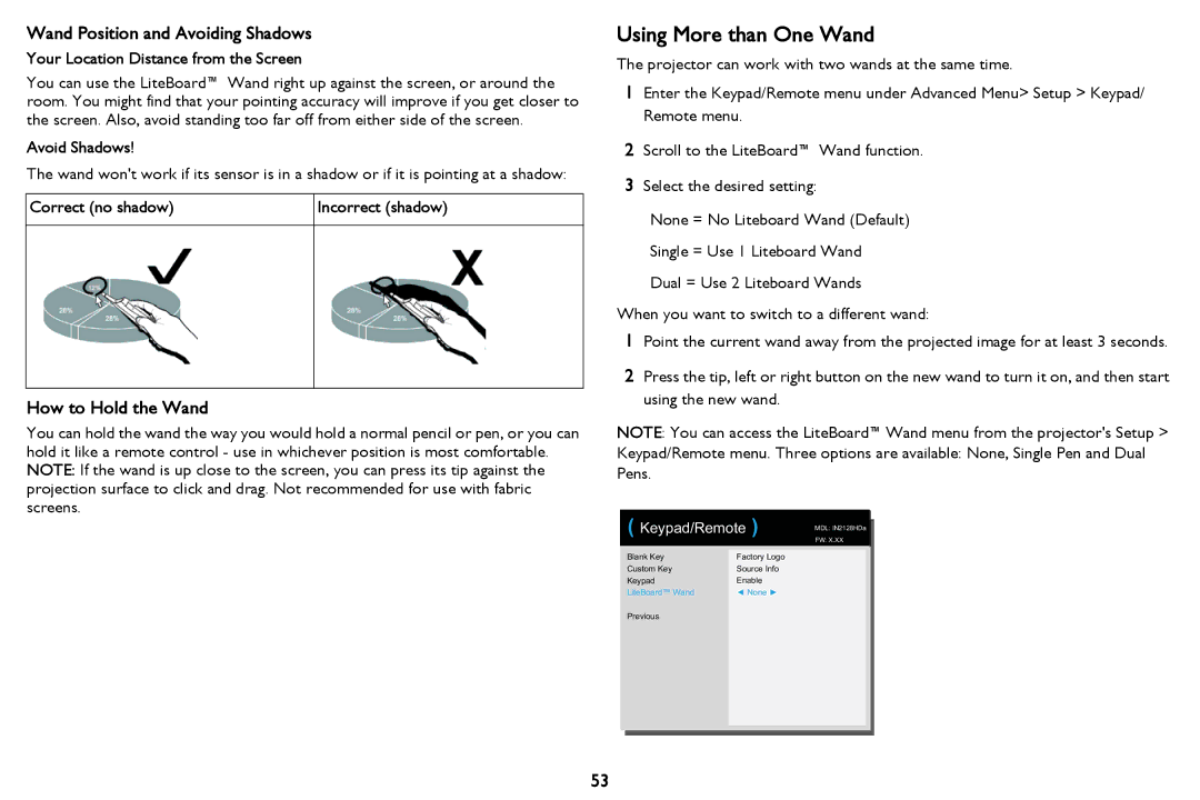 InFocus PZ339-A000-00 manual Using More than One Wand, Wand Position and Avoiding Shadows, How to Hold the Wand 