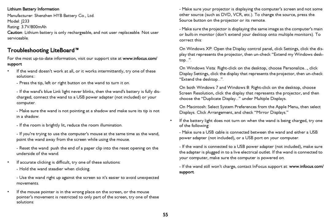 InFocus PZ339-A000-00 manual Troubleshooting LiteBoard, Lithium Battery Information 