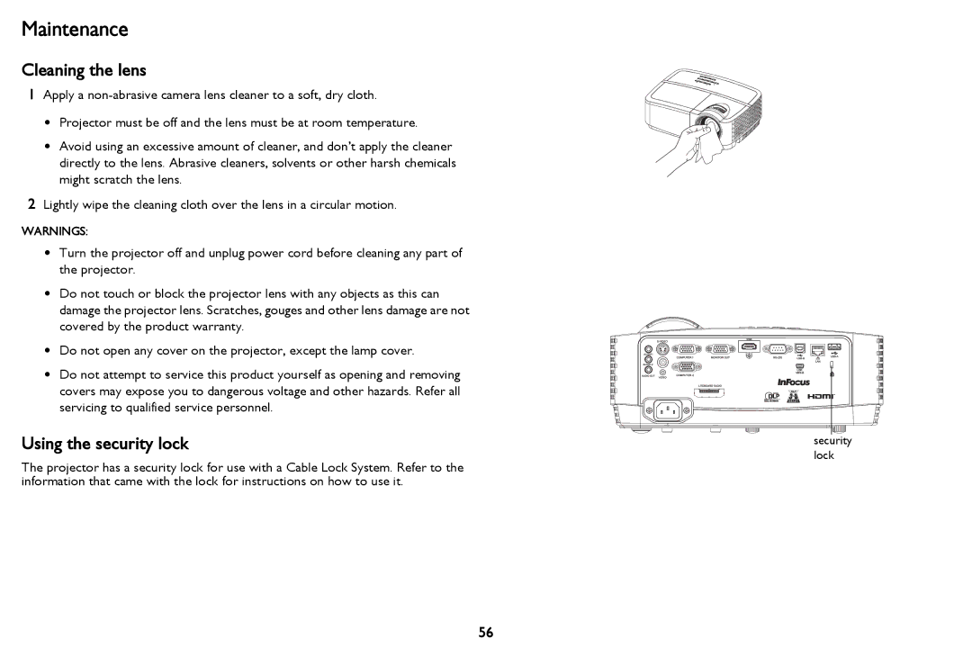 InFocus PZ339-A000-00 manual Maintenance, Cleaning the lens, Using the security lock 