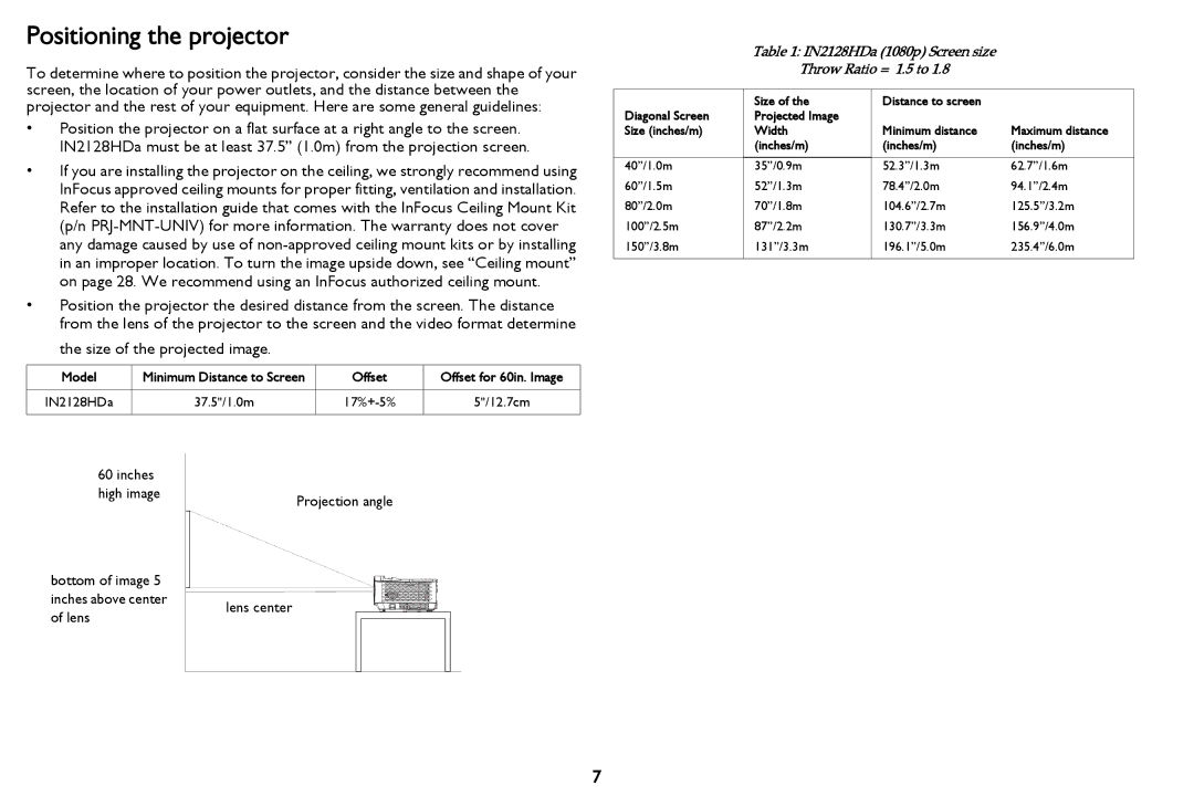 InFocus PZ339-A000-00 manual Positioning the projector, Offset 