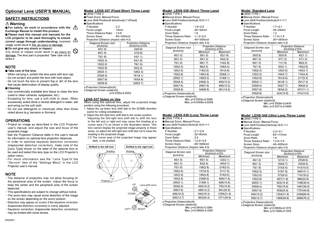 InFocus QR68561 user manual Model LENS-037 Fixed Short Throw Lens, LENS-037 Notes on Use, Model LENS-038 Short Throw Lens 