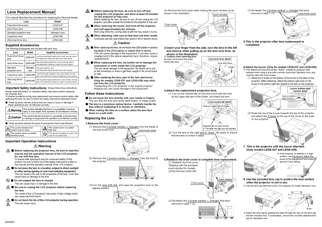 InFocus QR68561 Supplied Accessories, Important Operation Instructions, Follow these Instructions, Replacing the Lens 