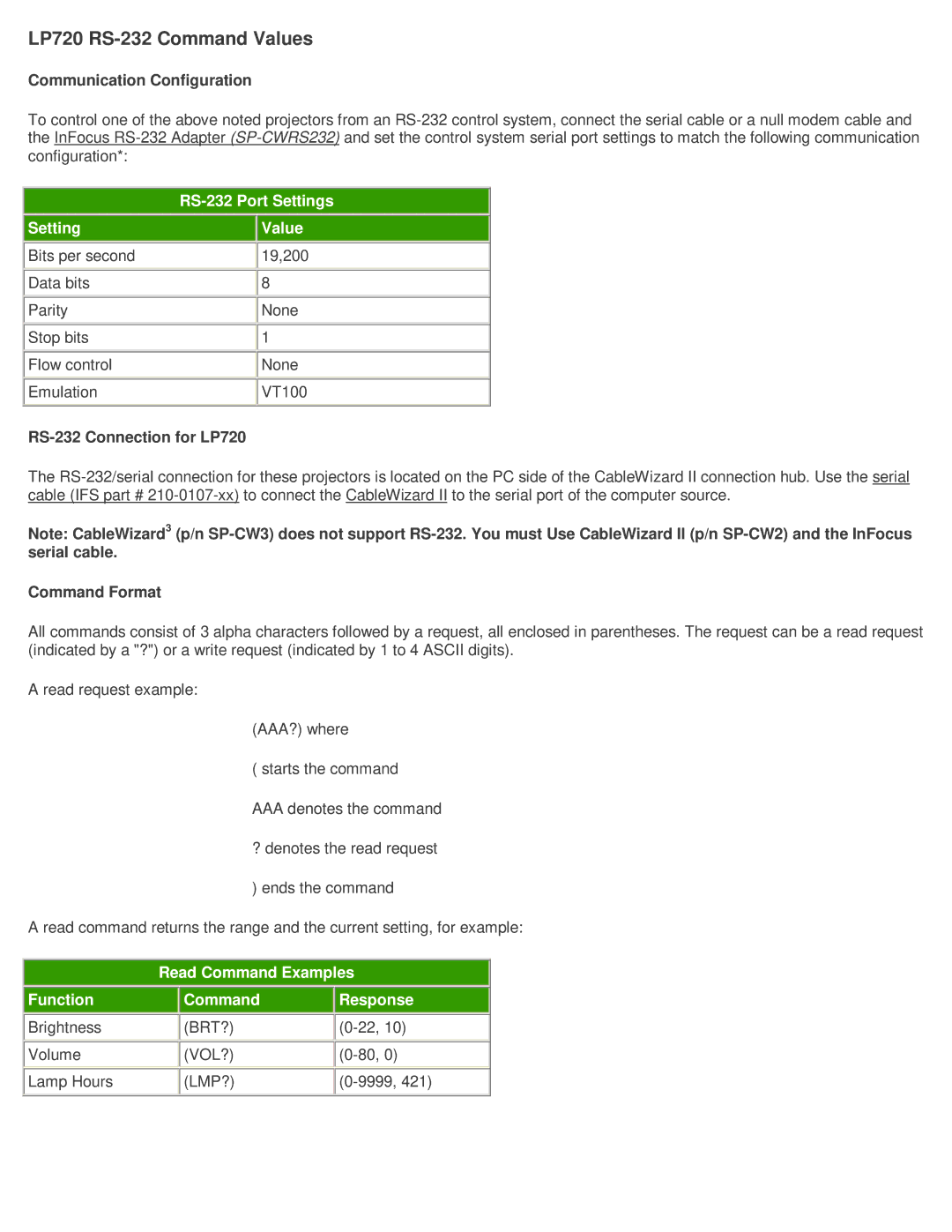 InFocus LP720 RS-232 manual RS-232 Port Settings, Setting Value, Read Command Examples Function Response 