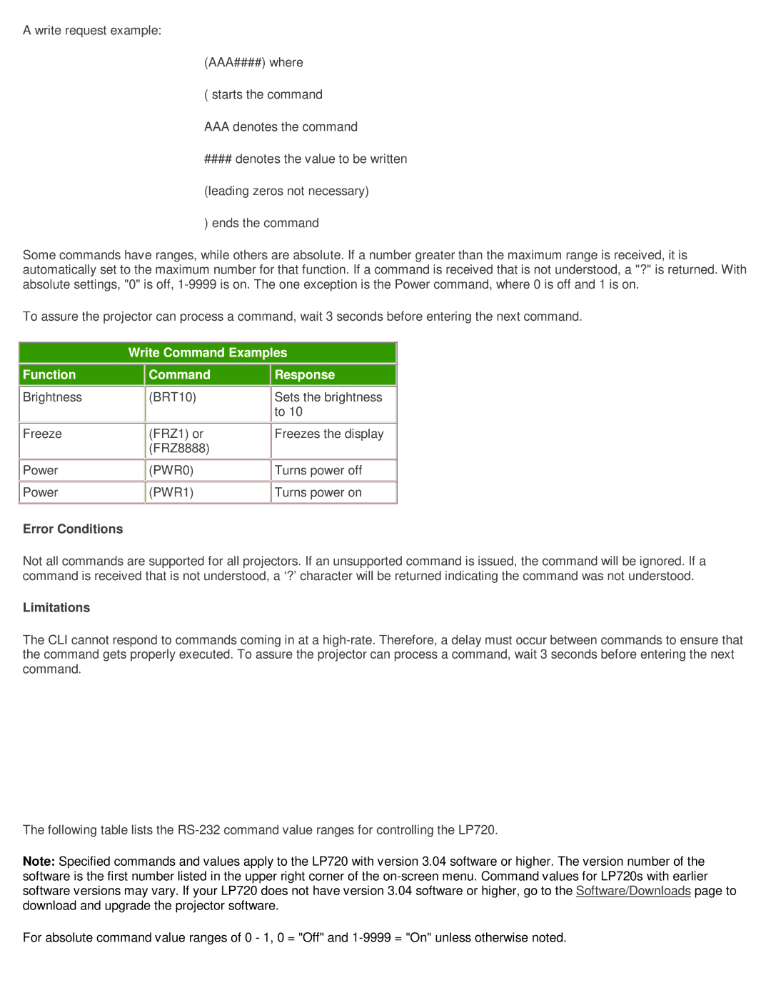 InFocus LP720 RS-232 manual Write Command Examples Function Response, Error Conditions, Limitations 