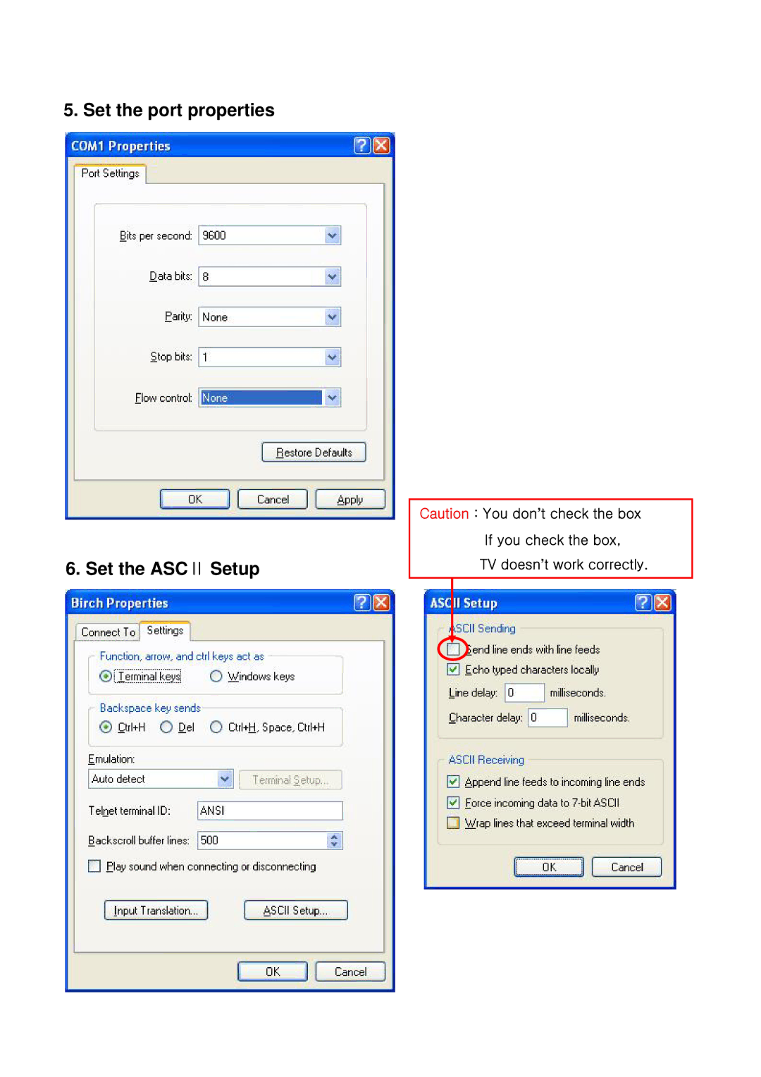 InFocus RS-232C manual Set the port properties Set the ASCⅡ Setup, If you check the box TV doesn’t work correctly 