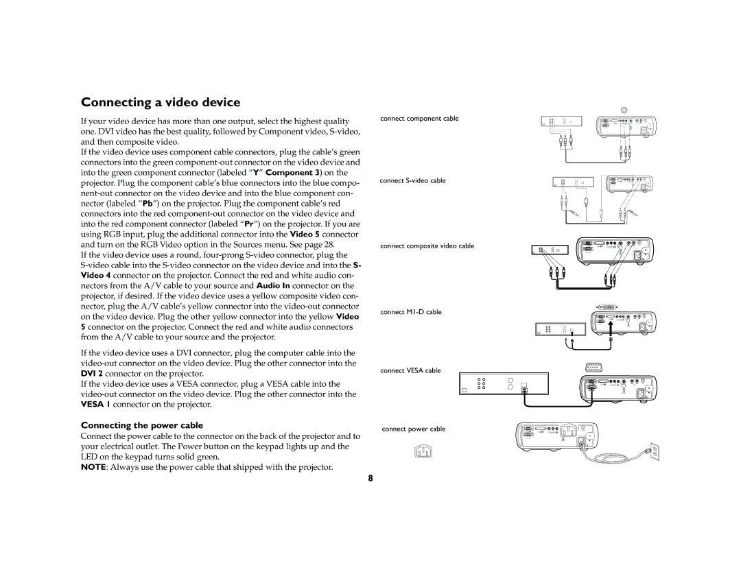 InFocus ScreenPlay 5000 manual Connecting a video device, Connecting the power cable 