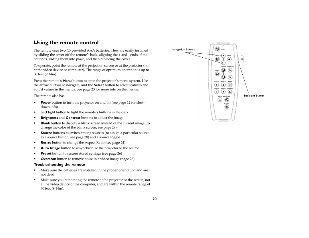 InFocus ScreenPlay 5000 manual Using the remote control, Troubleshooting the remote 