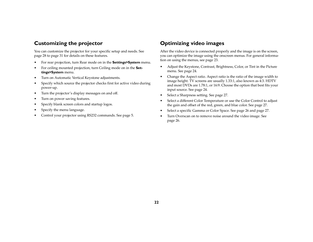 InFocus ScreenPlay 5000 manual Customizing the projector, Optimizing video images 